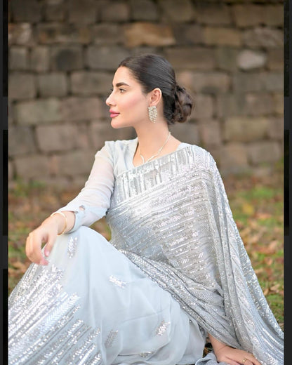 Women’s Soft Georgette Saree with Double Run Sequins Embroidery, Lace Border and Heavy Blouse