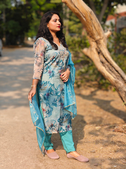 Heavy Organza Embroidered Kurta Pant Dupatta Set with Zari Weaving for Women – Sizes M to XXL