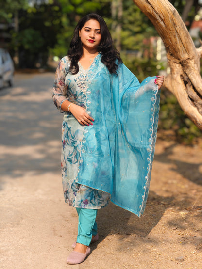 Heavy Organza Embroidered Kurta Pant Dupatta Set with Zari Weaving for Women – Sizes M to XXL