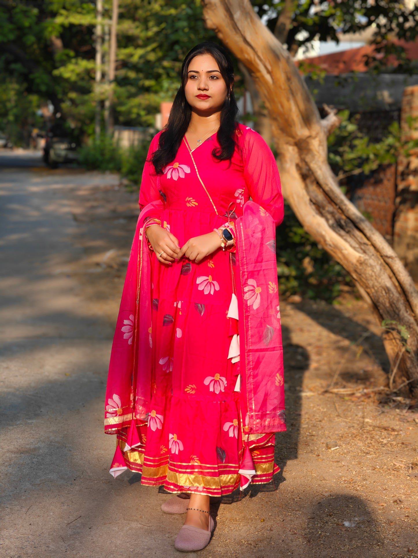 Pink Tabby Organza Anarkali Suit with Dupatta – Full Lining & Frill Pattern – Sizes M to XXL