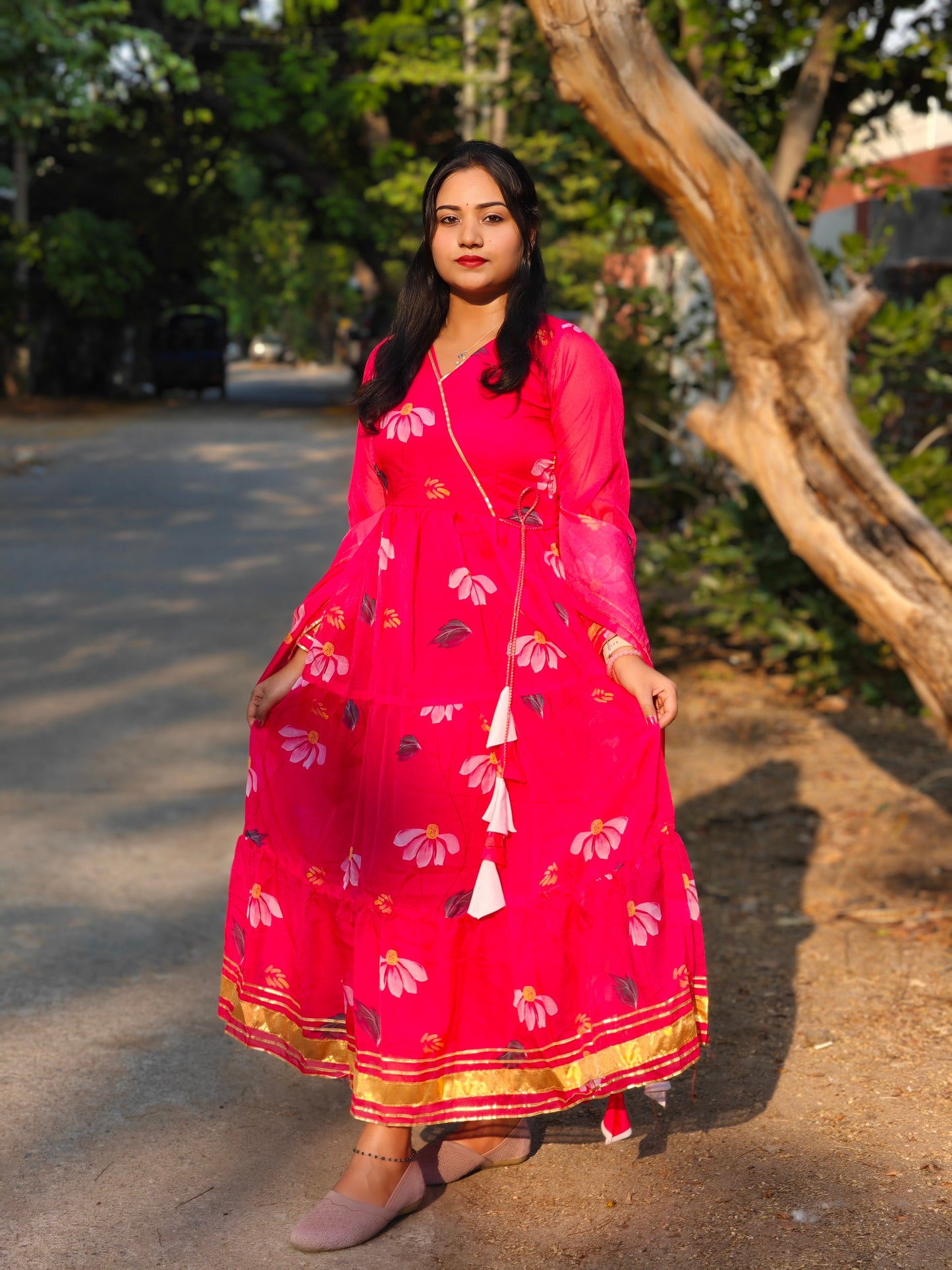 Pink Tabby Organza Anarkali Suit with Dupatta – Full Lining & Frill Pattern – Sizes M to XXL