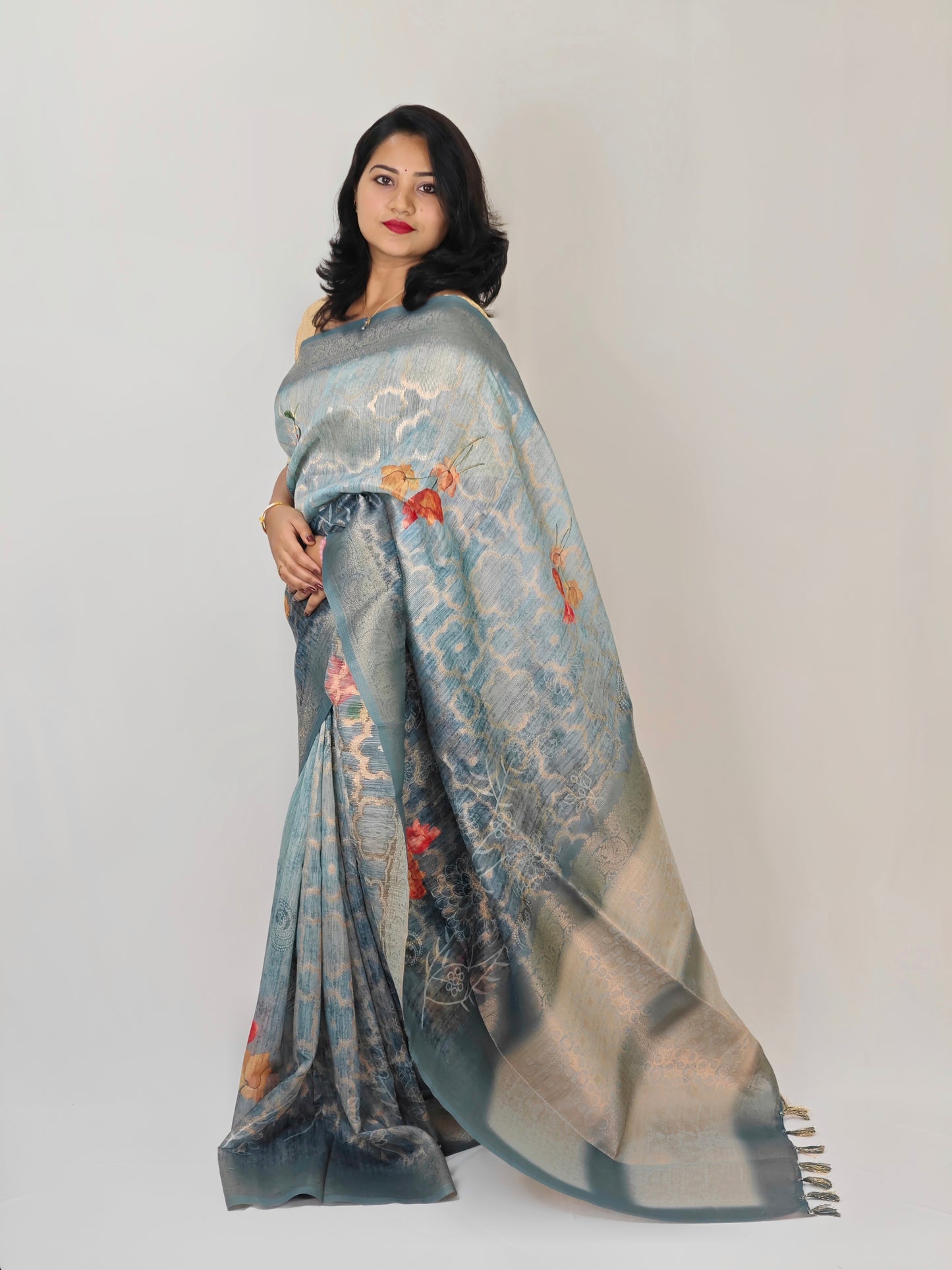 German Silk Saree with Super Weaves, Digital Print and Printed Blouse – Festive Wear for Women