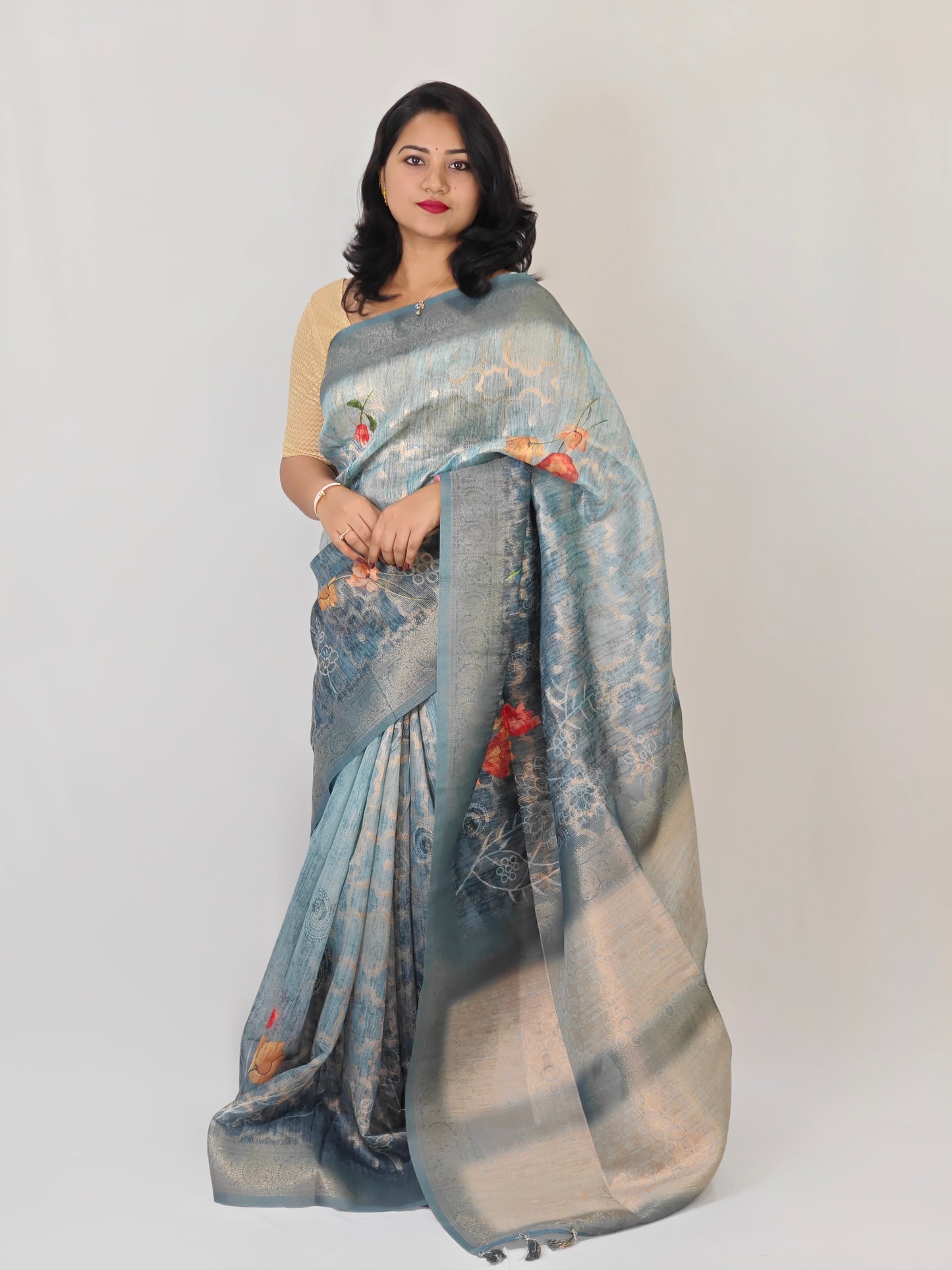 German Silk Saree with Super Weaves, Digital Print and Printed Blouse – Festive Wear for Women