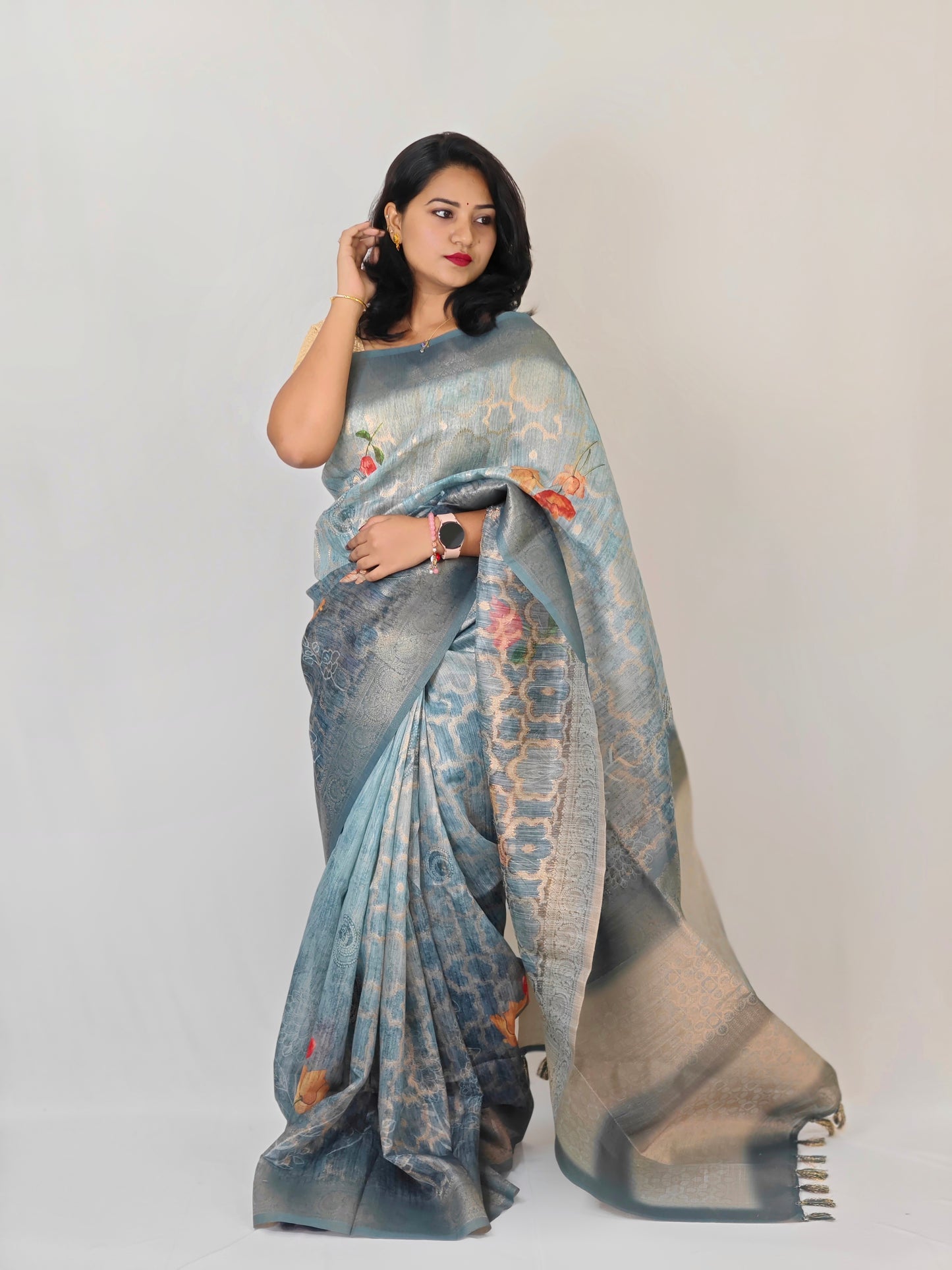 German Silk Saree with Super Weaves, Digital Print and Printed Blouse – Festive Wear for Women