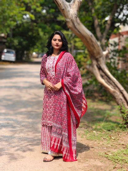 Royal Jaipuri Charm: Kurti, Sharara, Dupatta Set for Timeless Elegance