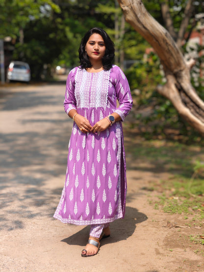 Purple Rayon Nayra Cut Kurti with Pant Set for Women – Ethnic Printed Design, 3/4 Sleeve