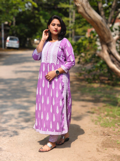 Purple Rayon Nayra Cut Kurti with Pant Set for Women – Ethnic Printed Design, 3/4 Sleeve