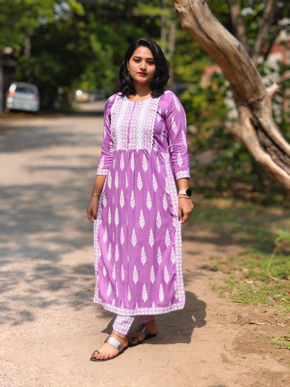 Purple Rayon Nayra Cut Kurti with Pant Set for Women – Ethnic Printed Design, 3/4 Sleeve