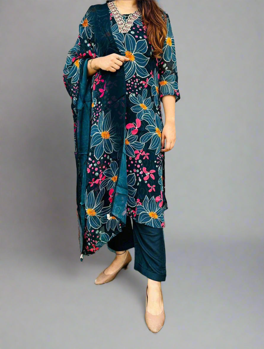 Premium Muslin Kurta Pant Dupatta Set with Floral Print – Women’s Sizes 38 to 44
