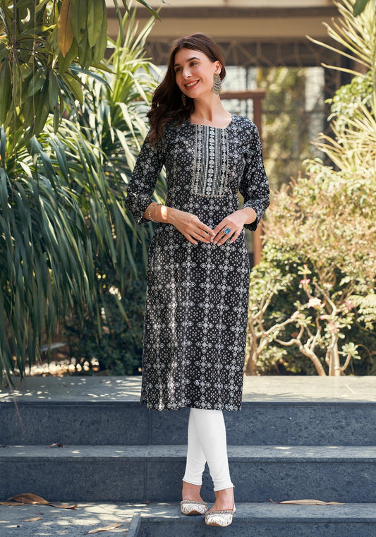 Heavy Rayon Foil Print Kurti with Heavy Sequence Work – Sizes S to 4XL