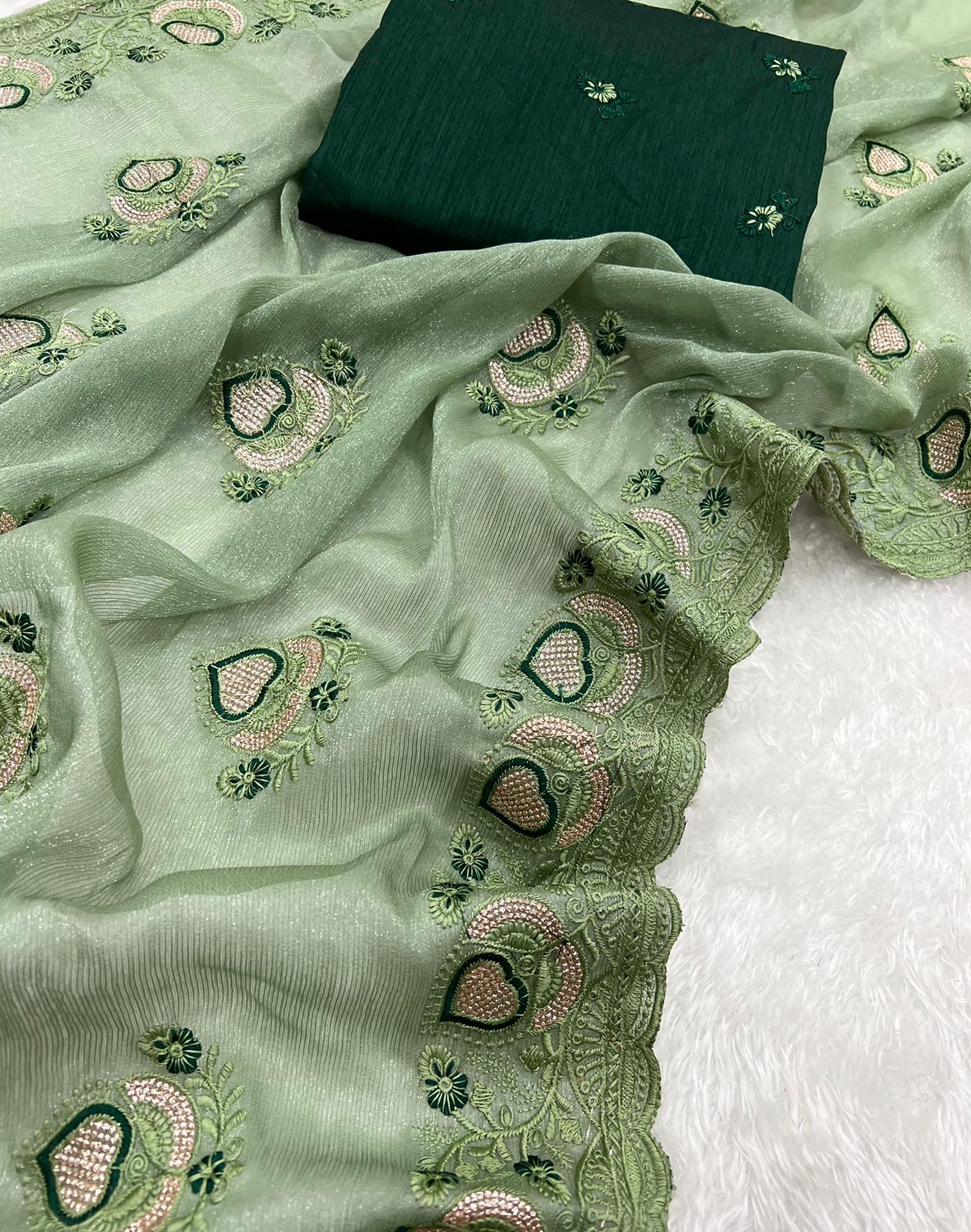 Fancy Simmar Chiffon Saree with Multi Zari Embroidery & Art Silk Butti Embroidery Blouse