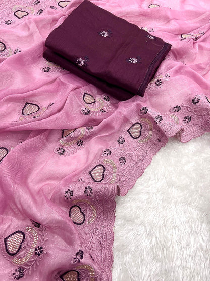 Fancy Simmar Chiffon Saree with Multi Zari Embroidery & Art Silk Butti Embroidery Blouse