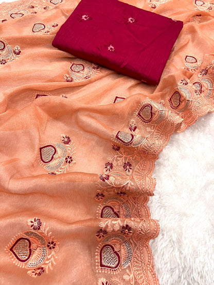 Fancy Simmar Chiffon Saree with Multi Zari Embroidery & Art Silk Butti Embroidery Blouse