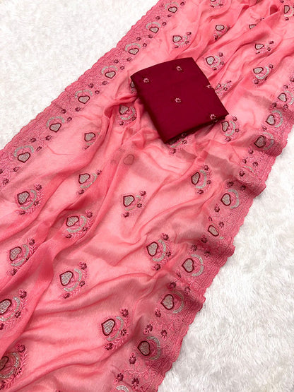 Fancy Simmar Chiffon Saree with Multi Zari Embroidery & Art Silk Butti Embroidery Blouse