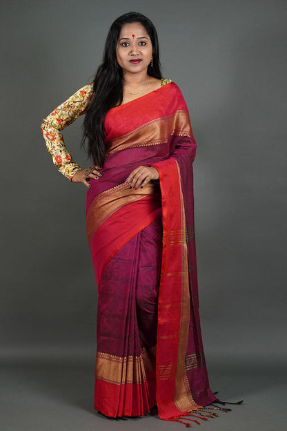 Pure Cotton Handloom Saree for Women with Woven Border and Blouse Piece – Traditional Daily Wear