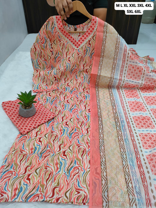 Plus Size Cotton Kurti Pant Dupatta Set with Mal Mal Dupatta – 3XL to 6XL
