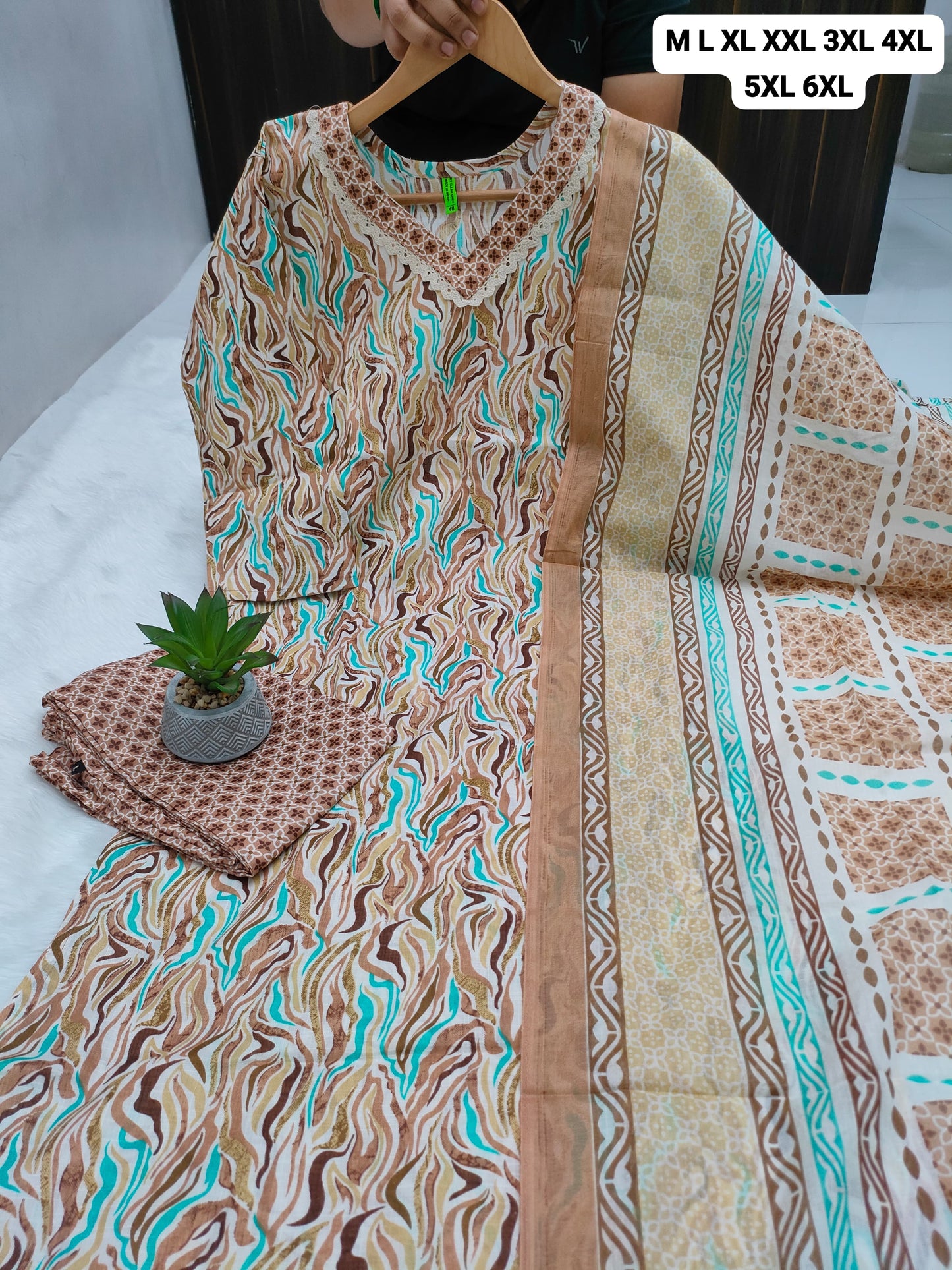 Plus Size Cotton Kurti Pant Dupatta Set with Mal Mal Dupatta – 3XL to 6XL