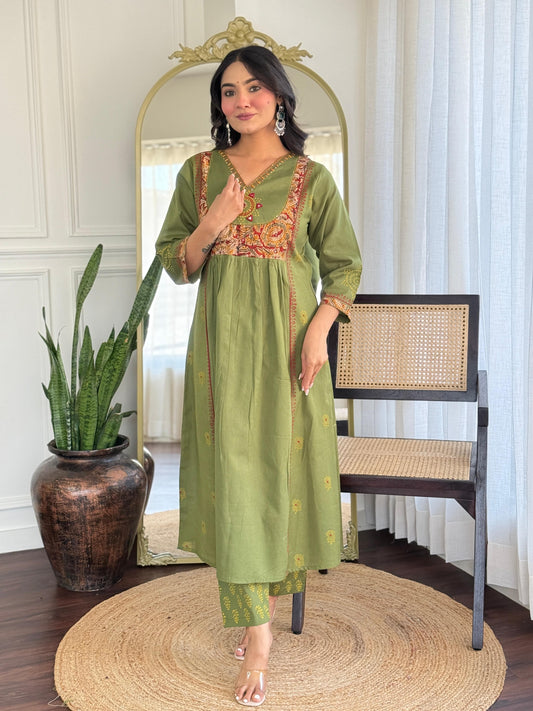 Cotton Flex Co-Ord Set for Women with Hand Block Applique and Mirror Work – Top and Bottom