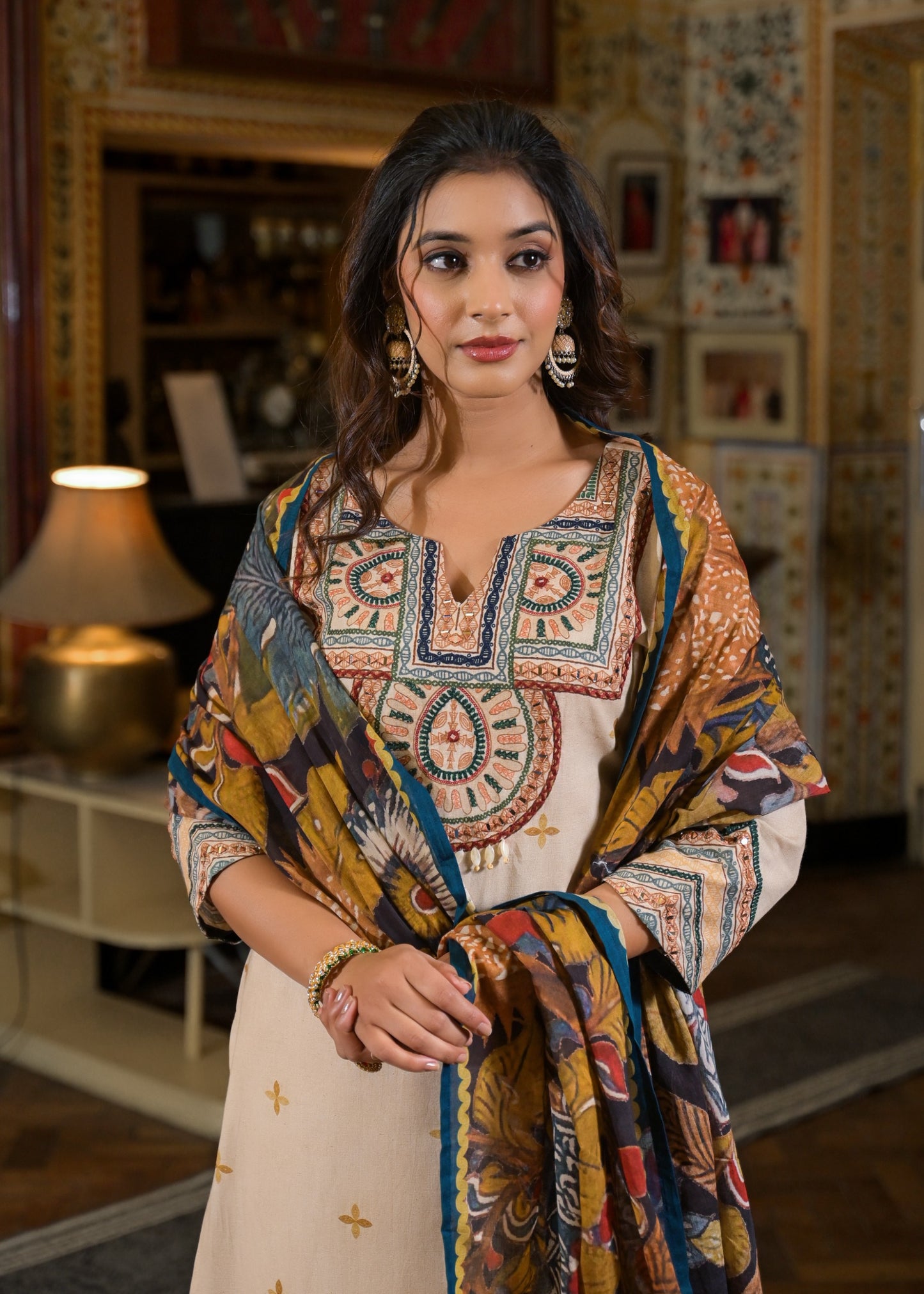 Cotton Cambric Kurta Pant Dupatta Set with Machine Embroidery Mirror Work and Digital Print Dupatta for Women