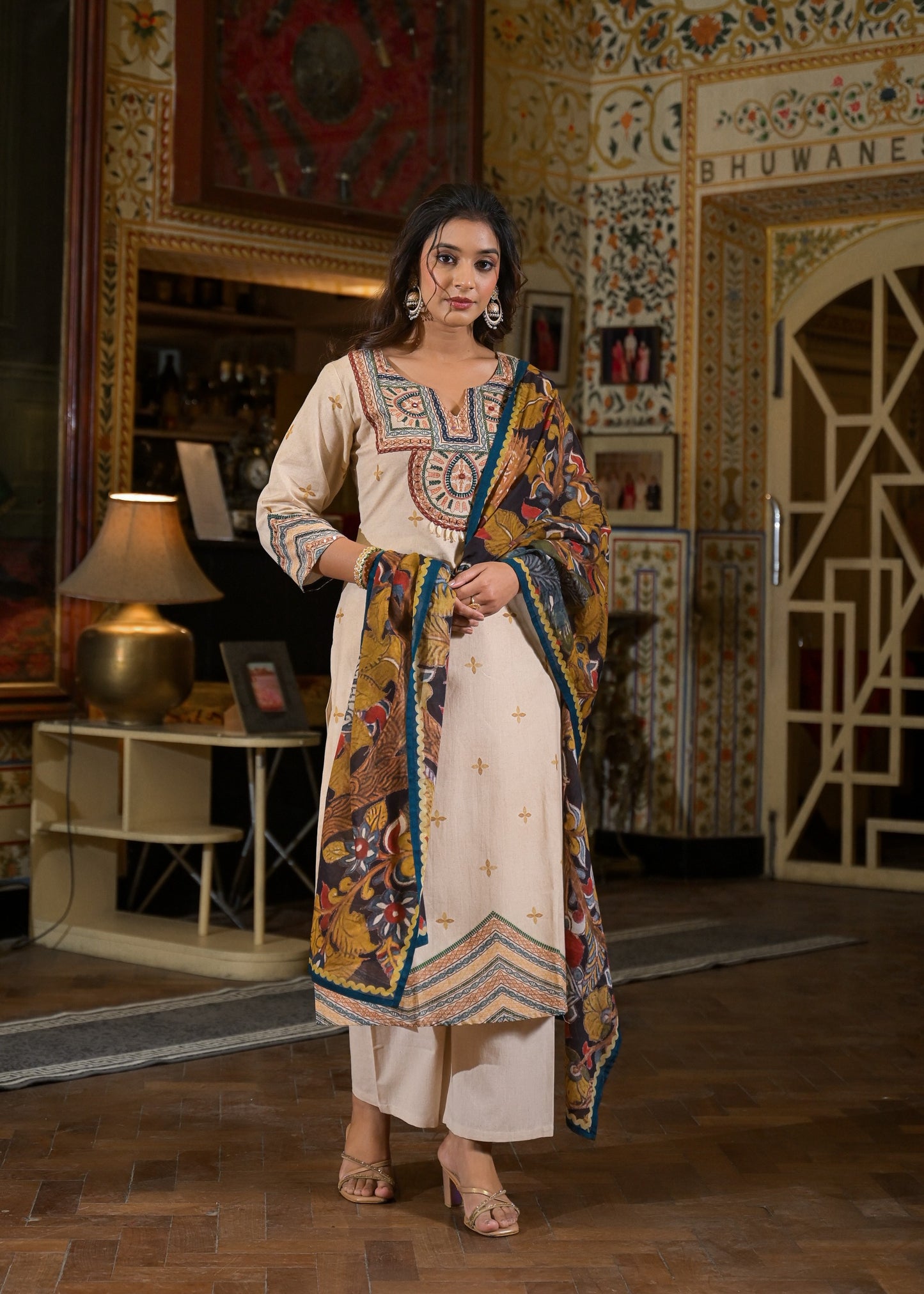 Cotton Cambric Kurta Pant Dupatta Set with Machine Embroidery Mirror Work and Digital Print Dupatta for Women