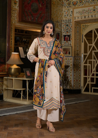 Cotton Cambric Kurta Pant Dupatta Set with Machine Embroidery Mirror Work and Digital Print Dupatta for Women
