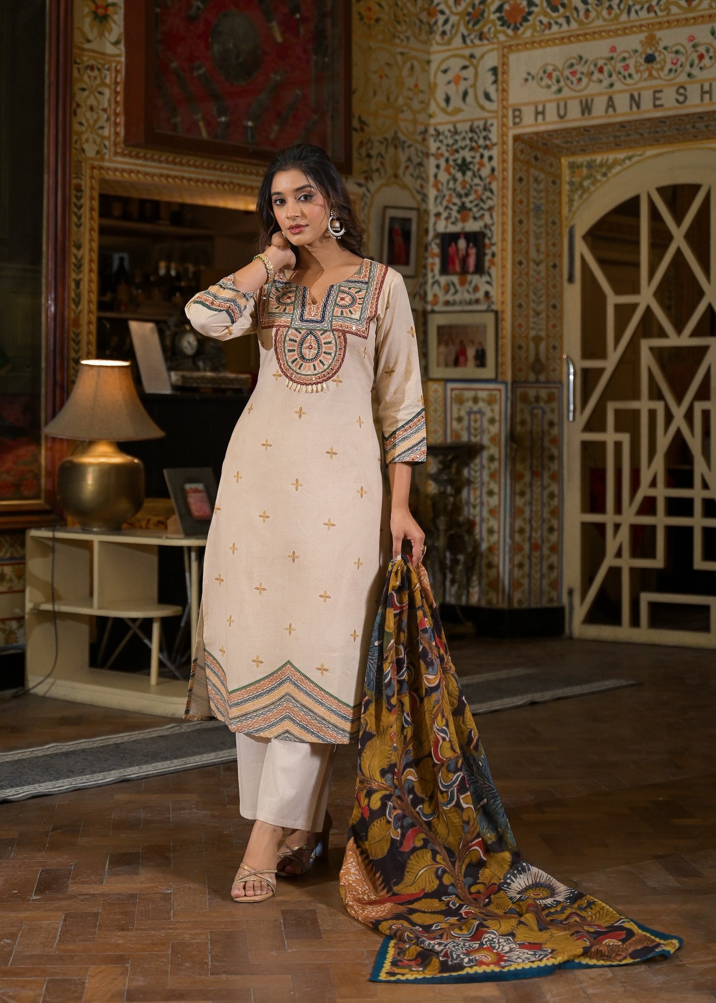 Cotton Cambric Kurta Pant Dupatta Set with Machine Embroidery Mirror Work and Digital Print Dupatta for Women