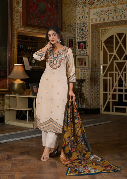 Cotton Cambric Kurta Pant Dupatta Set with Machine Embroidery Mirror Work and Digital Print Dupatta for Women