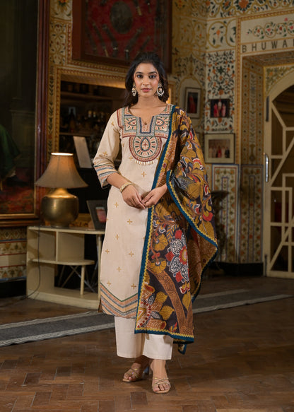 Cotton Cambric Kurta Pant Dupatta Set with Machine Embroidery Mirror Work and Digital Print Dupatta for Women