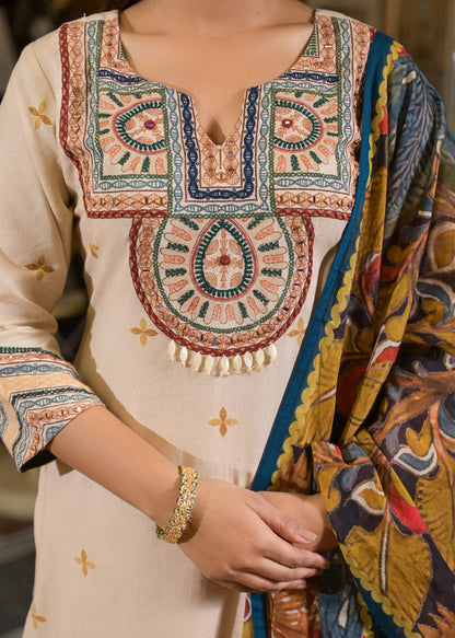 Cotton Cambric Kurta Pant Dupatta Set with Machine Embroidery Mirror Work and Digital Print Dupatta for Women