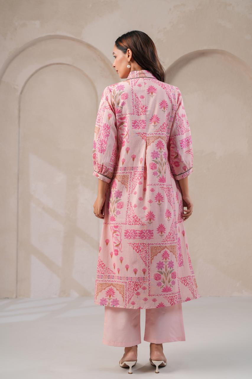 Pastel Pink Handloom Cotton Kurta Pant Set for Women with Tassels and Kodi Neck Detailing