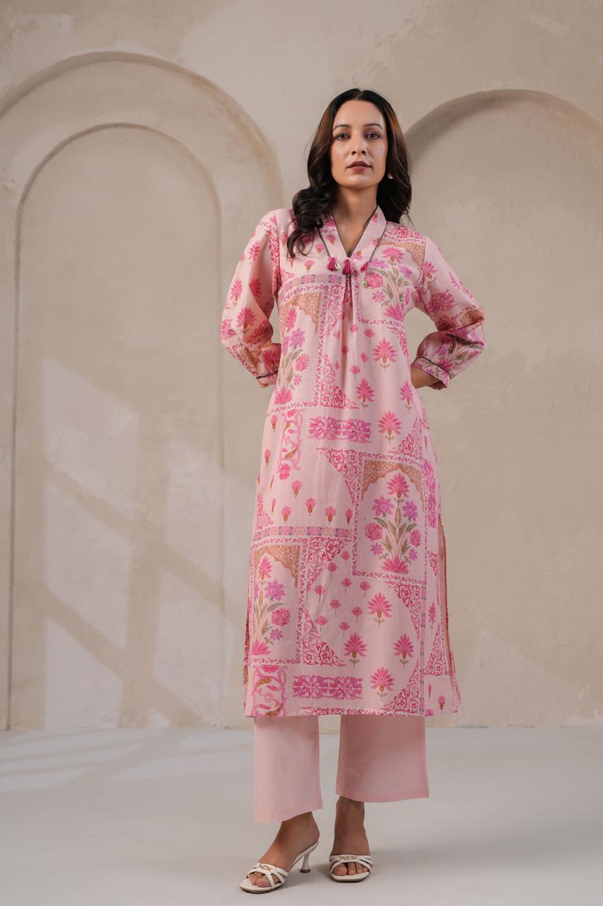 Pastel Pink Handloom Cotton Kurta Pant Set for Women with Tassels and Kodi Neck Detailing