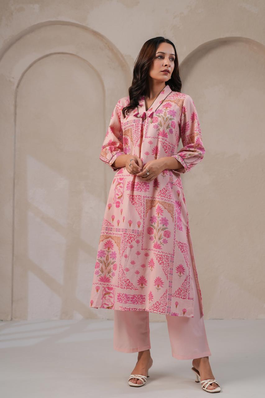 Pastel Pink Handloom Cotton Kurta Pant Set for Women with Tassels and Kodi Neck Detailing