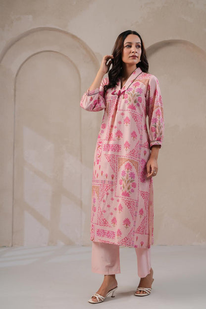 Pastel Pink Handloom Cotton Kurta Pant Set for Women with Tassels and Kodi Neck Detailing