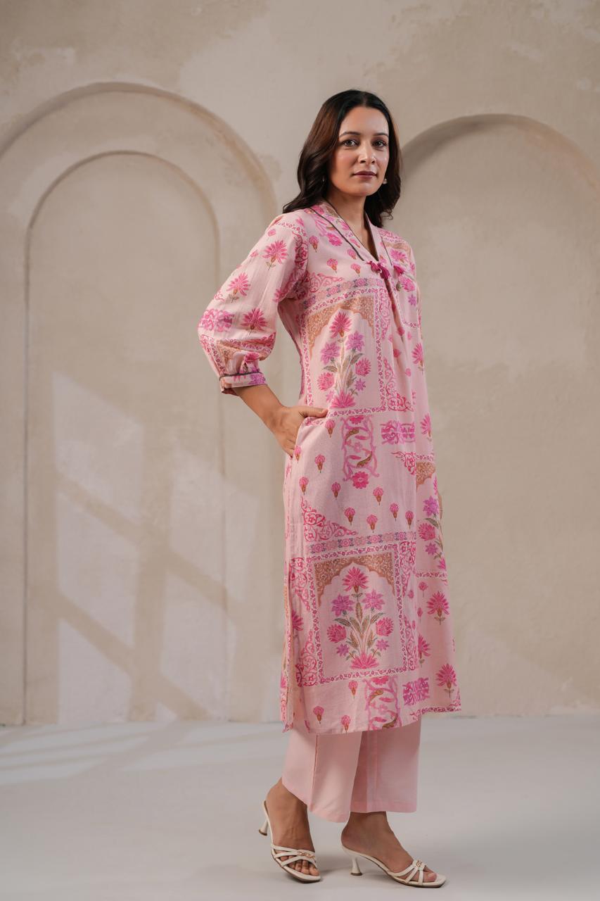Pastel Pink Handloom Cotton Kurta Pant Set for Women with Tassels and Kodi Neck Detailing