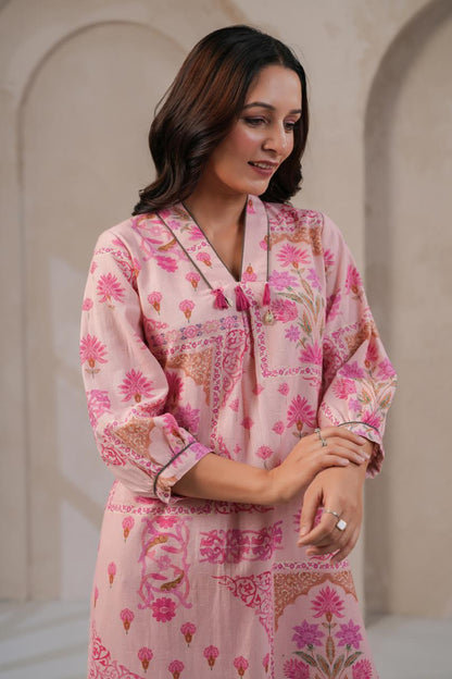 Pastel Pink Handloom Cotton Kurta Pant Set for Women with Tassels and Kodi Neck Detailing