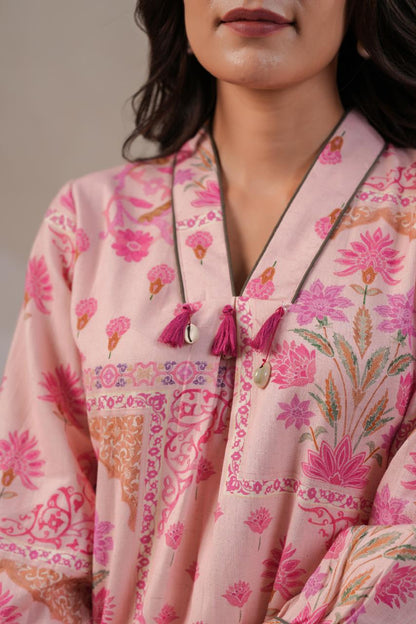 Pastel Pink Handloom Cotton Kurta Pant Set for Women with Tassels and Kodi Neck Detailing