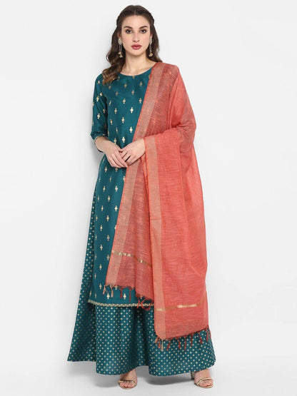 Green Poly Silk Gold Print Straight Kurta with Pink Palazzo and Art Silk Dupatta for Women
