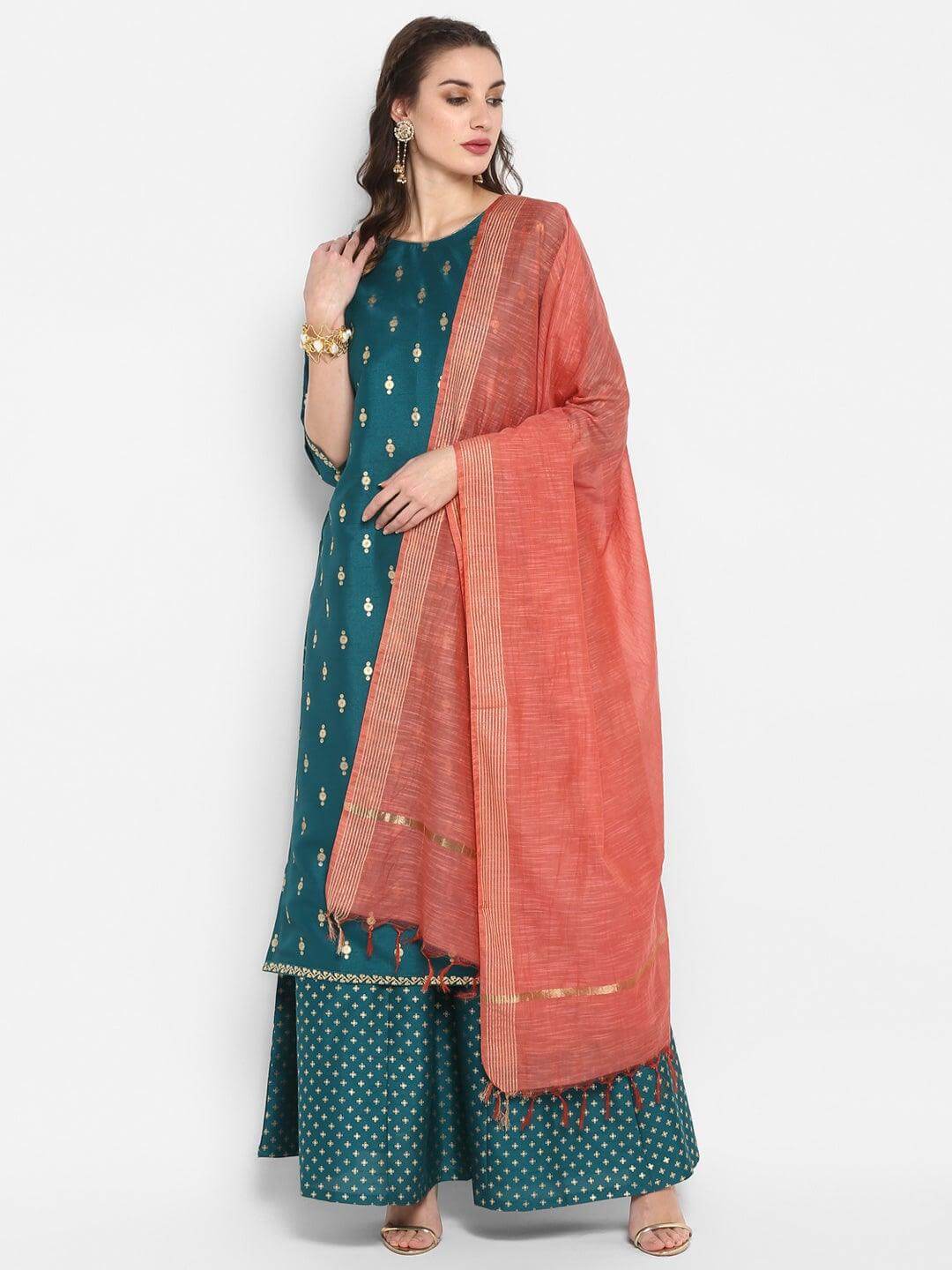 Green Poly Silk Gold Print Straight Kurta with Pink Palazzo and Art Silk Dupatta for Women