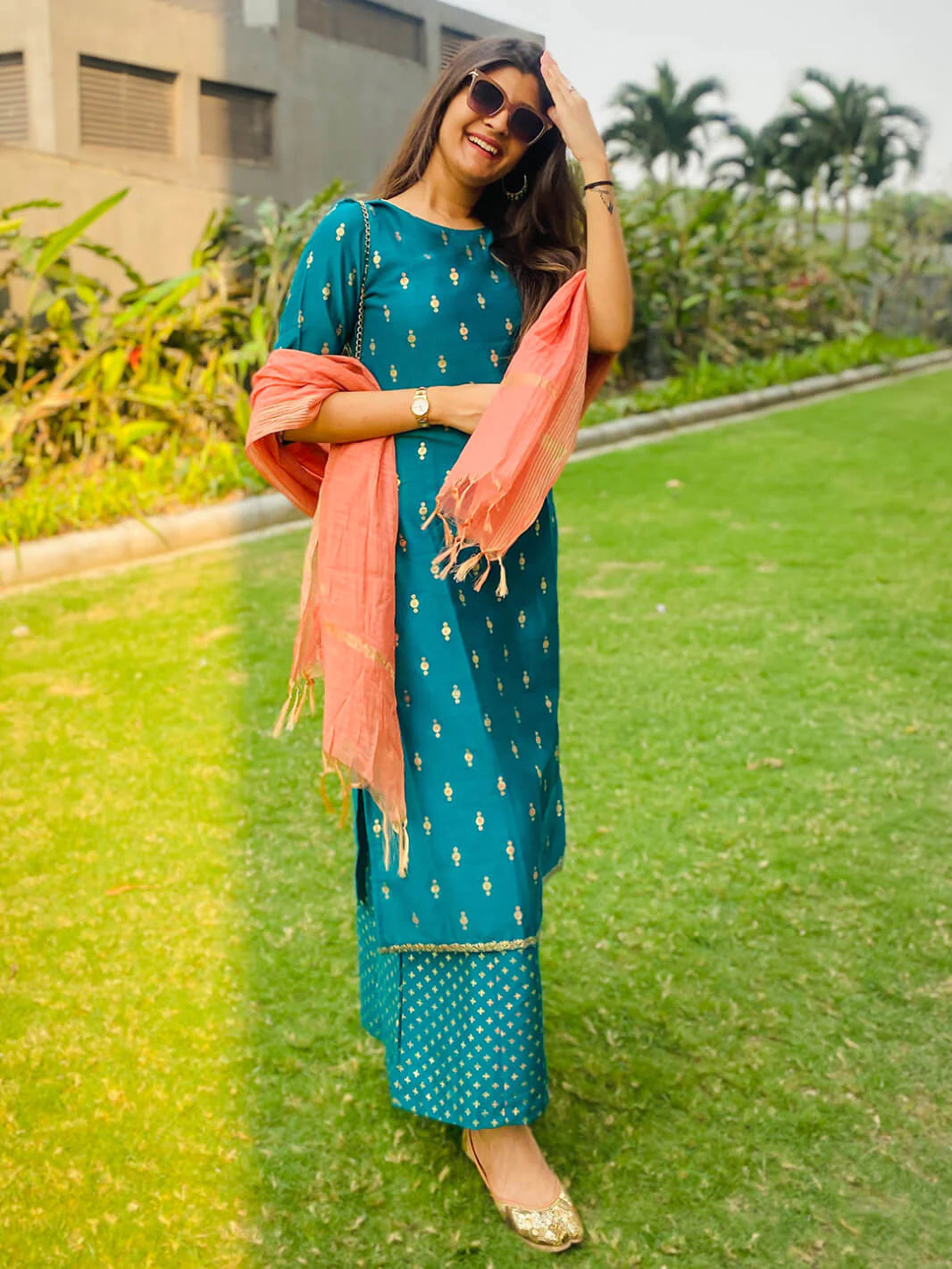 Green Poly Silk Gold Print Straight Kurta with Pink Palazzo and Art Silk Dupatta for Women