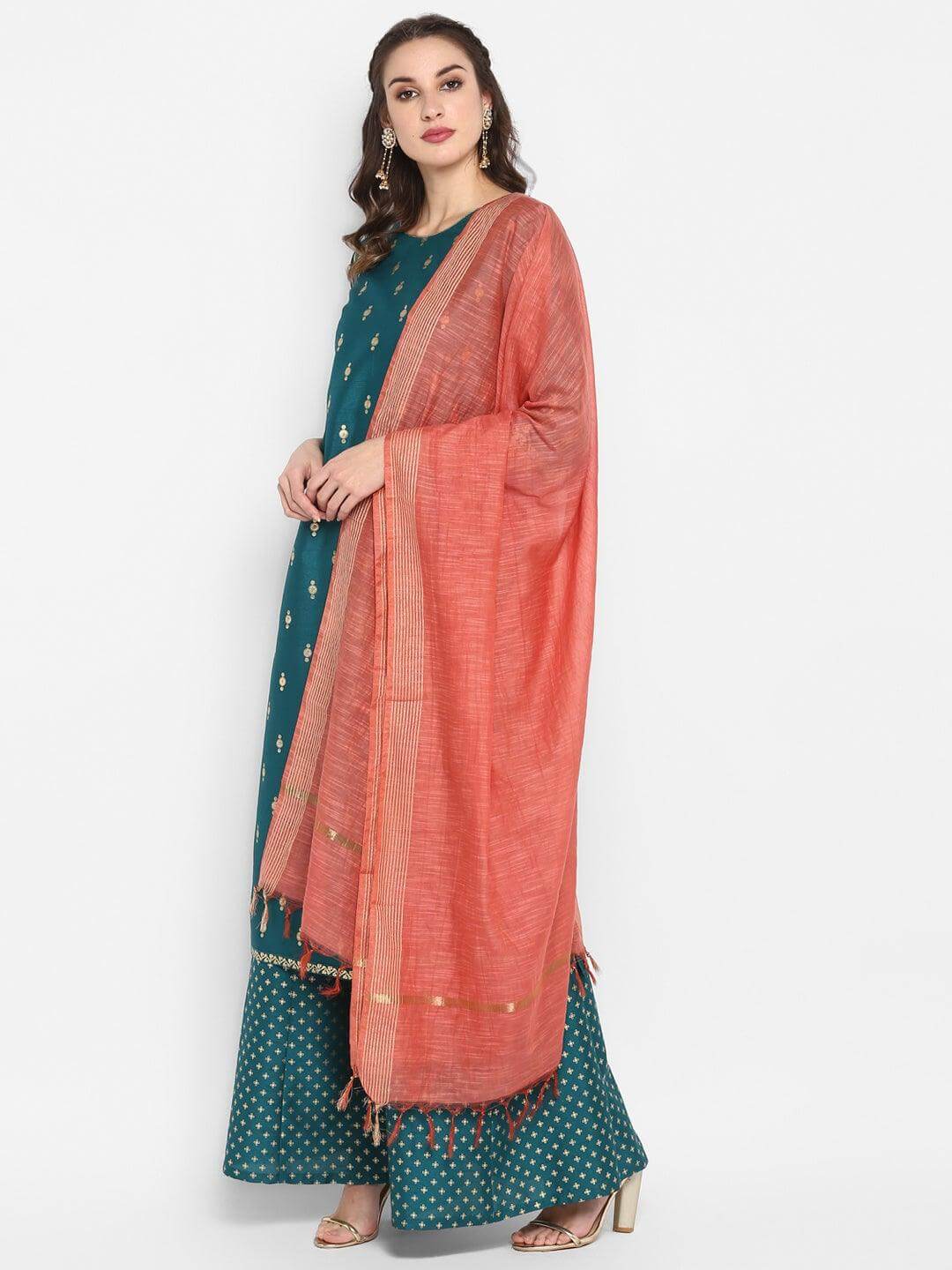 Green Poly Silk Gold Print Straight Kurta with Pink Palazzo and Art Silk Dupatta for Women