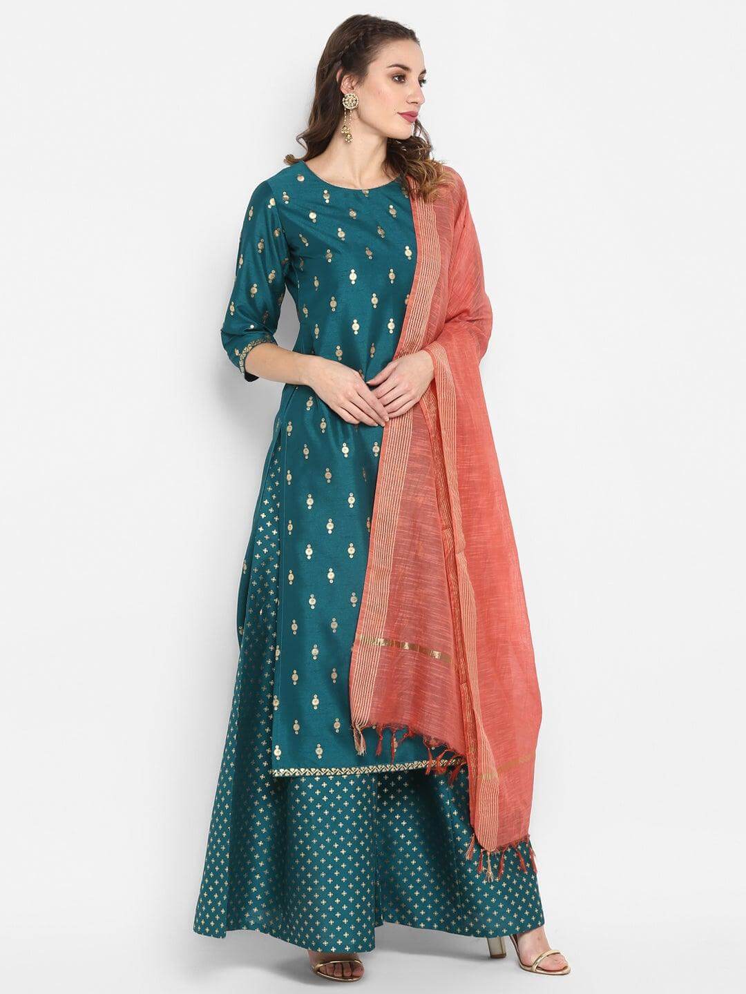 Green Poly Silk Gold Print Straight Kurta with Pink Palazzo and Art Silk Dupatta for Women