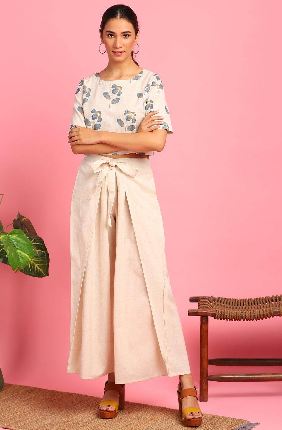 Floral printed cotton flex crop top and palazzo set for women with half sleeves and tie-waist – casual ethnic wear