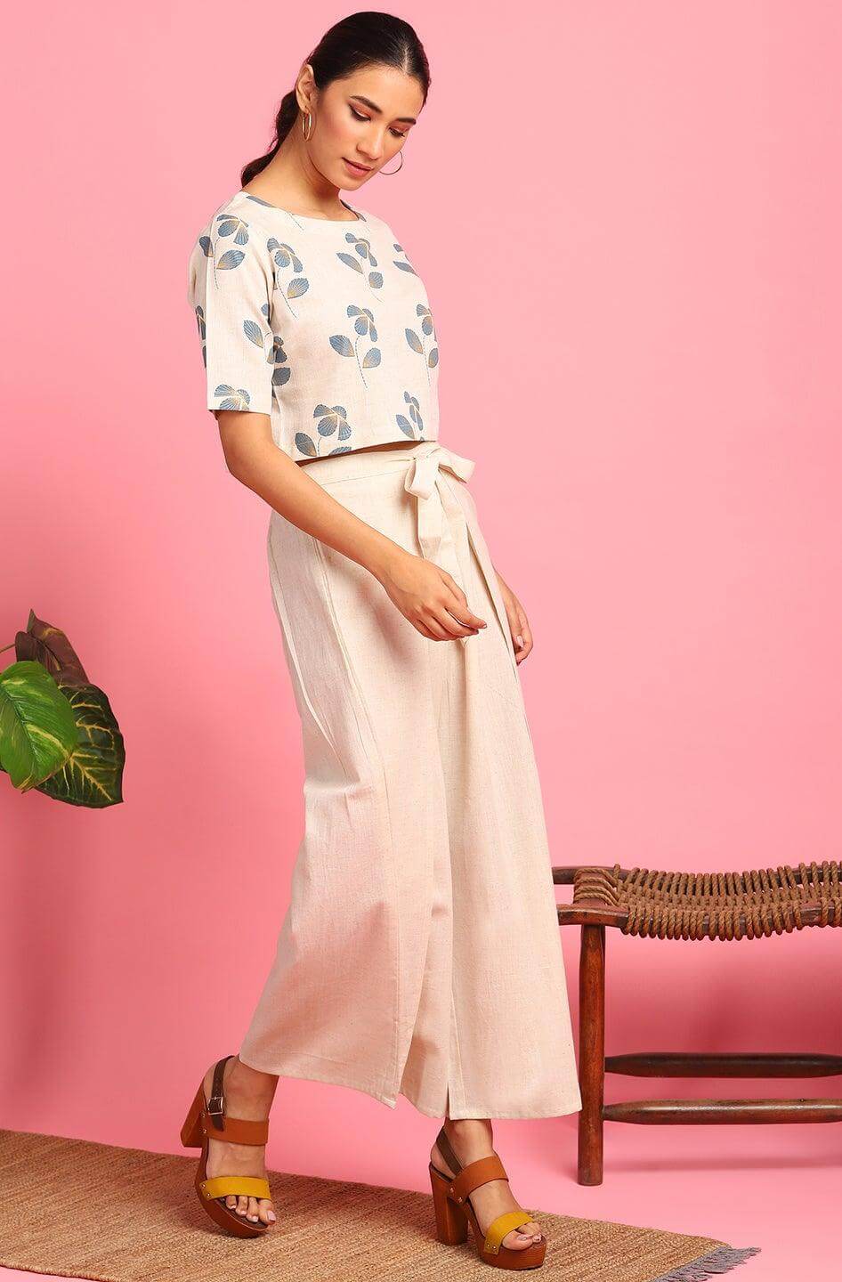 Floral printed cotton flex crop top and palazzo set for women with half sleeves and tie-waist – casual ethnic wear