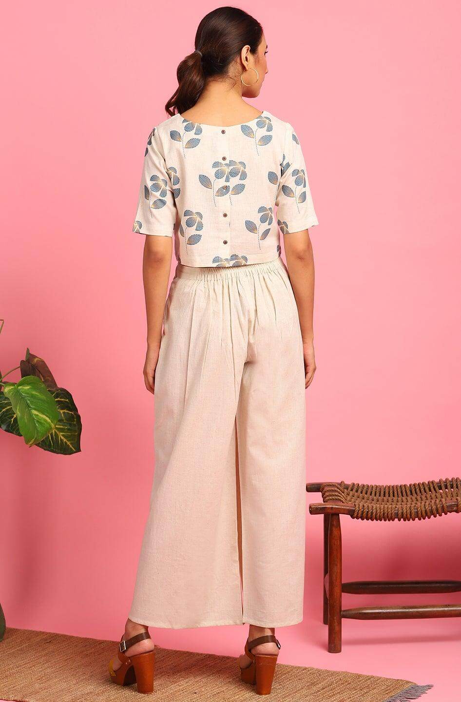 Floral printed cotton flex crop top and palazzo set for women with half sleeves and tie-waist – casual ethnic wear