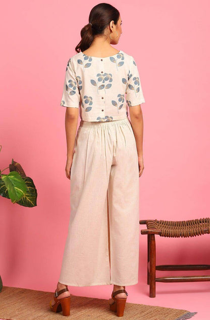 Floral printed cotton flex crop top and palazzo set for women with half sleeves and tie-waist – casual ethnic wear