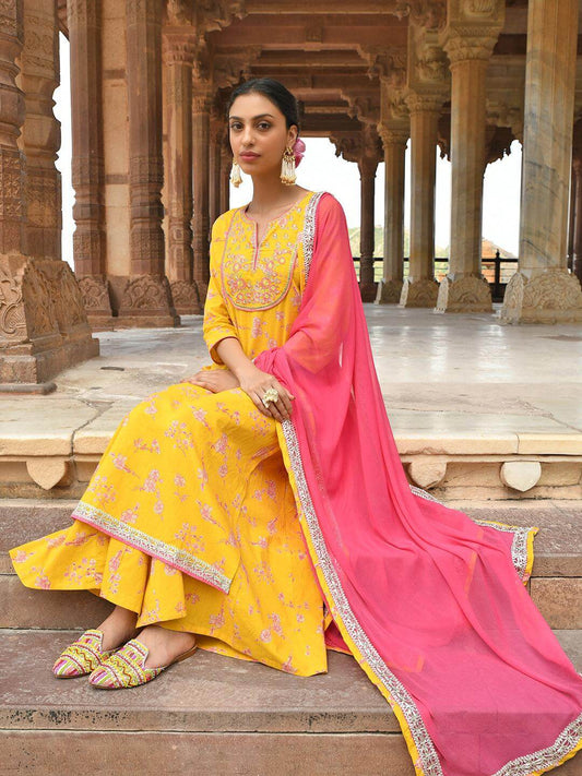 Yellow Cotton Embroidered Kurta Palazzo Dupatta Set with Pink Chiffon Dupatta for Women