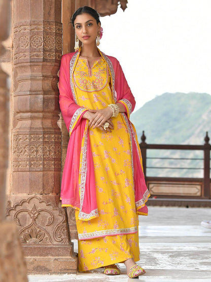 Yellow Cotton Embroidered Kurta Palazzo Dupatta Set with Pink Chiffon Dupatta for Women