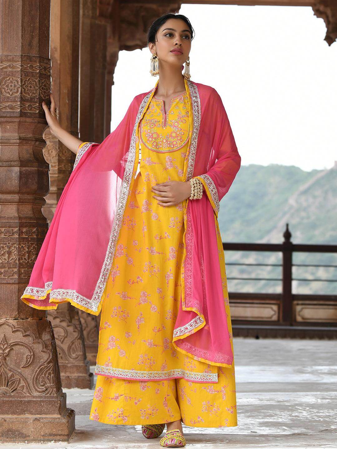 Yellow Cotton Embroidered Kurta Palazzo Dupatta Set with Pink Chiffon Dupatta for Women