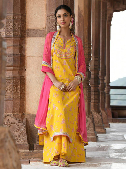 Yellow Cotton Embroidered Kurta Palazzo Dupatta Set with Pink Chiffon Dupatta for Women