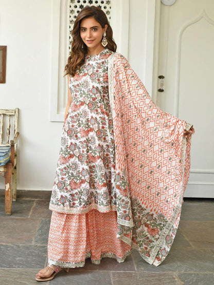 White and Orange Cotton Floral Hand Block Printed Sharara Kurta Dupatta Set with Lace Detailing for Women